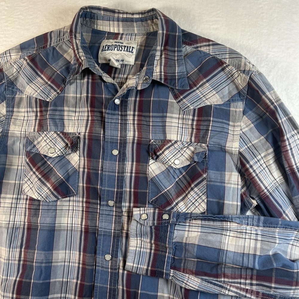Aeropostale Shirt Mens Medium Blue Red Plaid Western Pearl Snap Long Sleeve